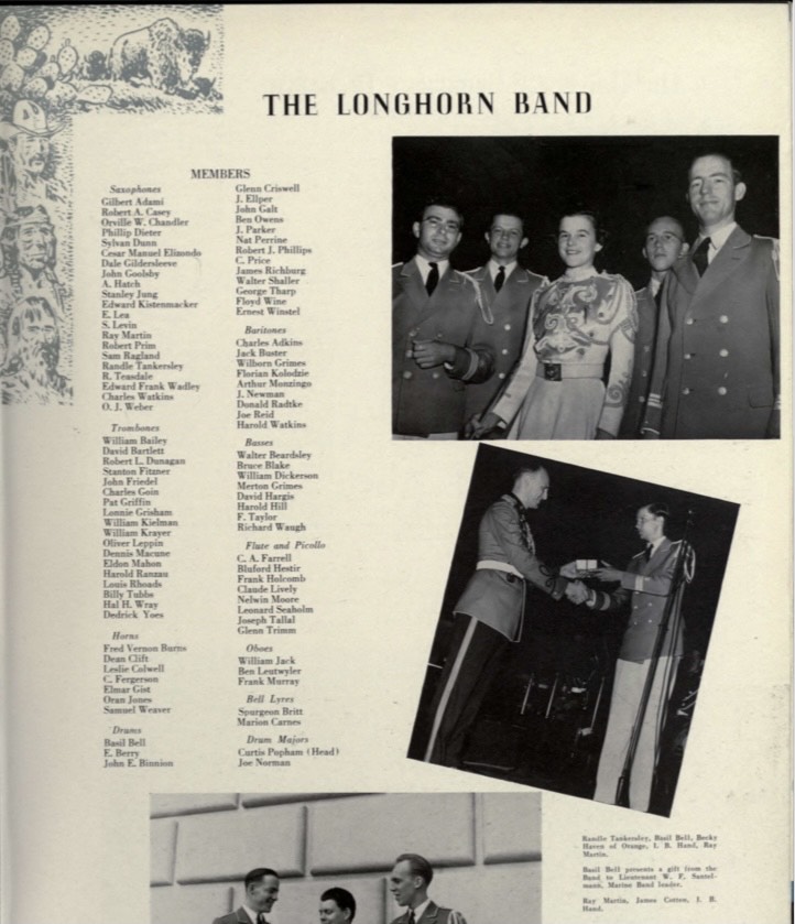 1940 Cactus yearbook photo of twirler Becky Havens with four Longhorn Band members