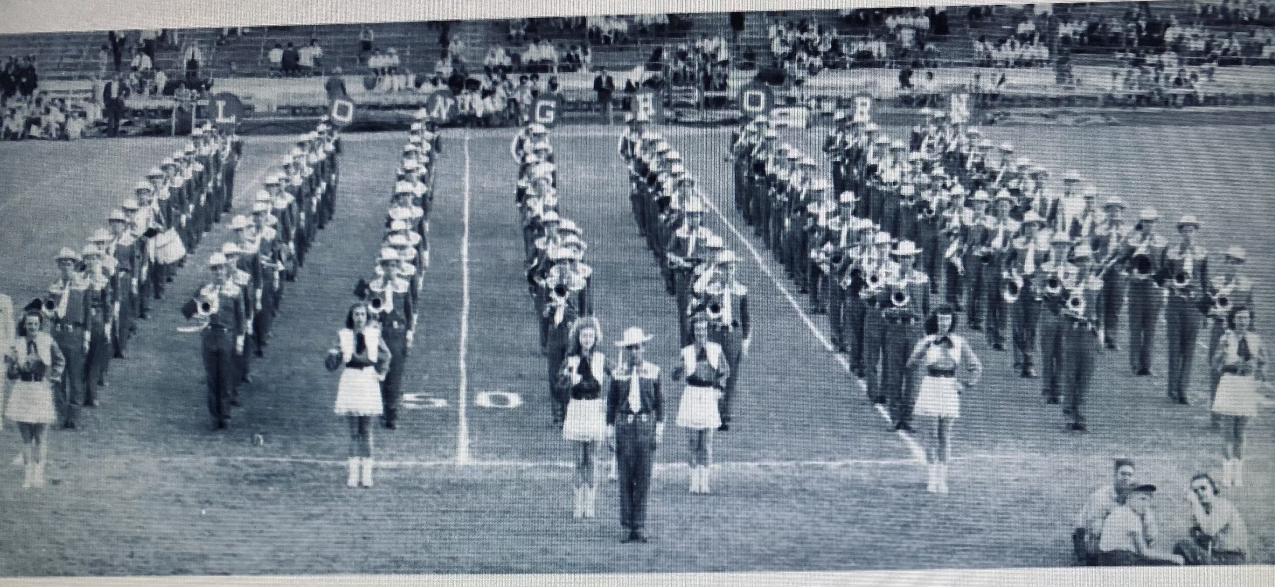 1949 Cactus yearbook photo of the six Longhorn Band majorettes
