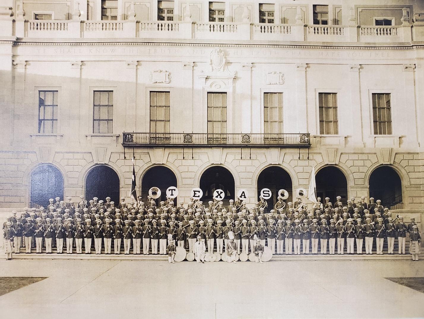 The 200-member Longhorn Band under Colonel George Hurt posed before the newly built Main Building in 1937